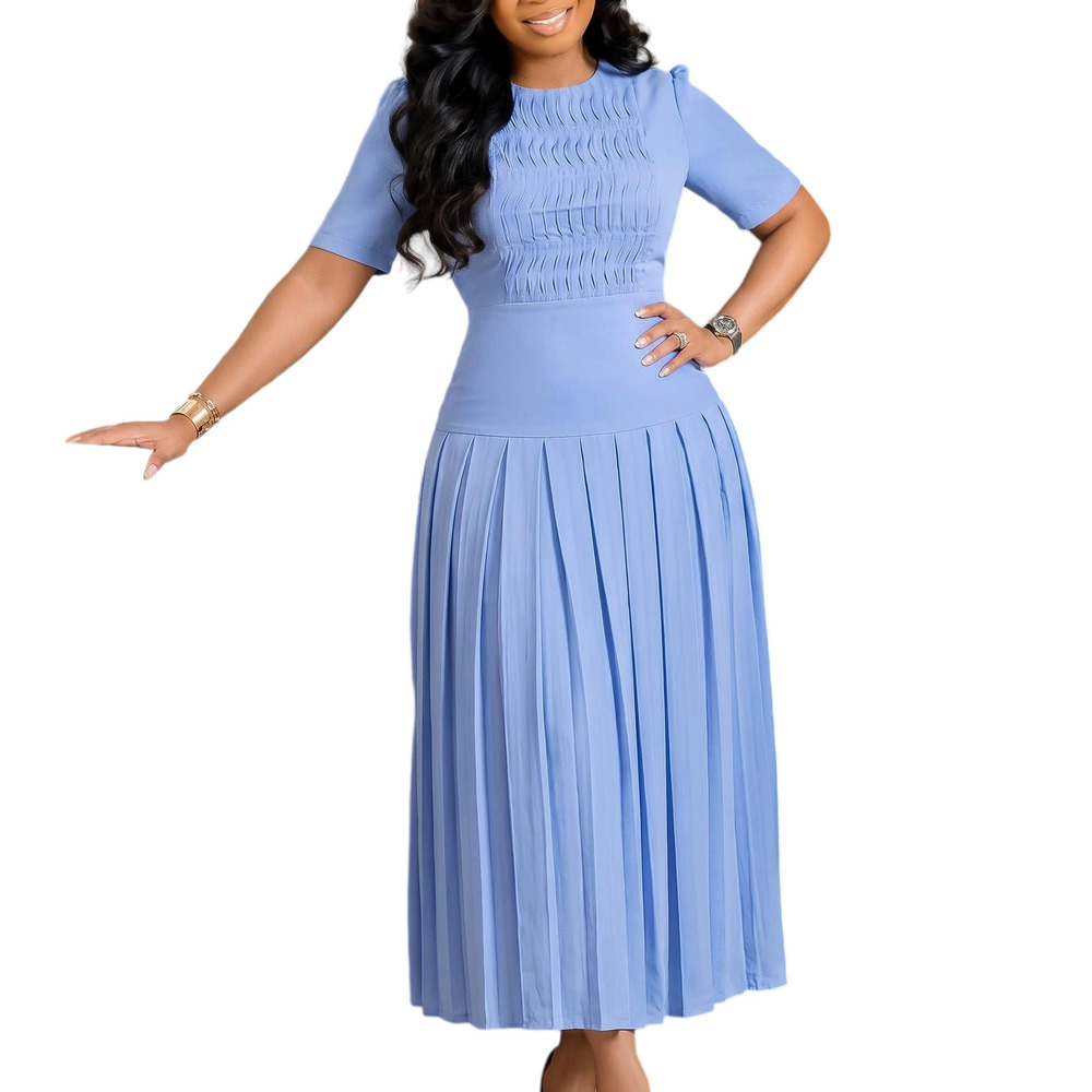 Pleated Round Neck Patchwork Dress - Picture 7 of 9